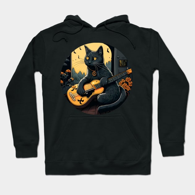 Alone Cool Black Cat Playing Guitar Bass - Love Cats Hoodie by Daphne R. Ellington